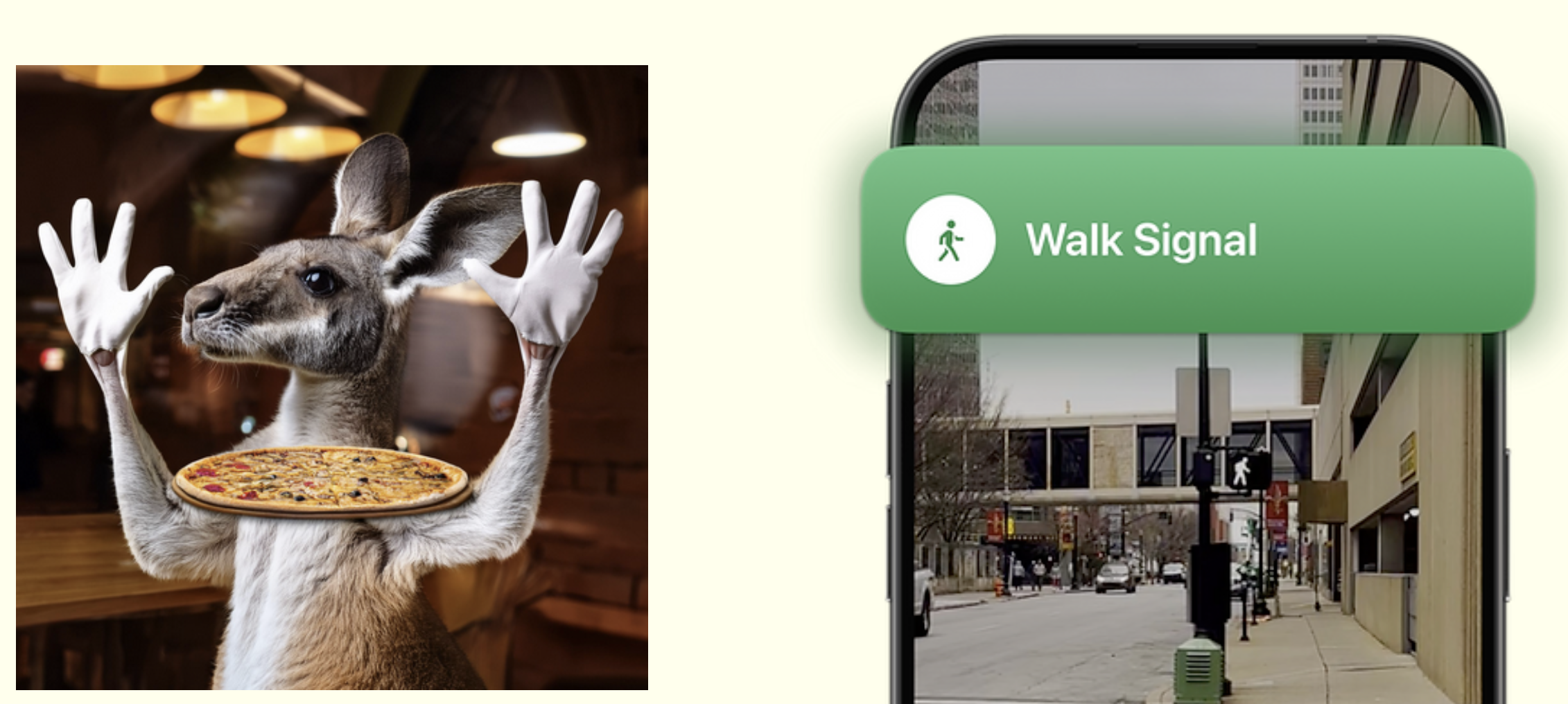 AI generated kangaroo tossing a pizza compared to OKO's detection of walk signals